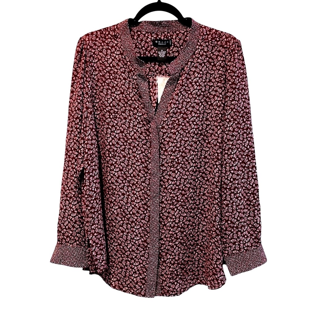 GRACE Woman 1X Burgundy Floral Print Long Sleeve‎ Collared Blouse Top